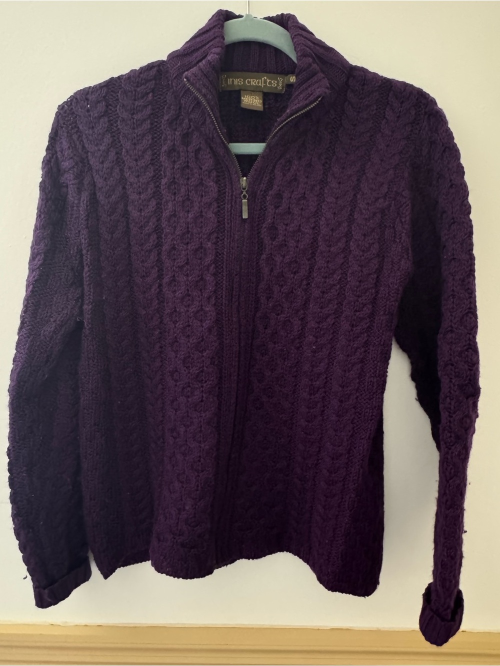 Inis Crafts made in Ireland Cable-Knit Zip Sweater - deep plum color